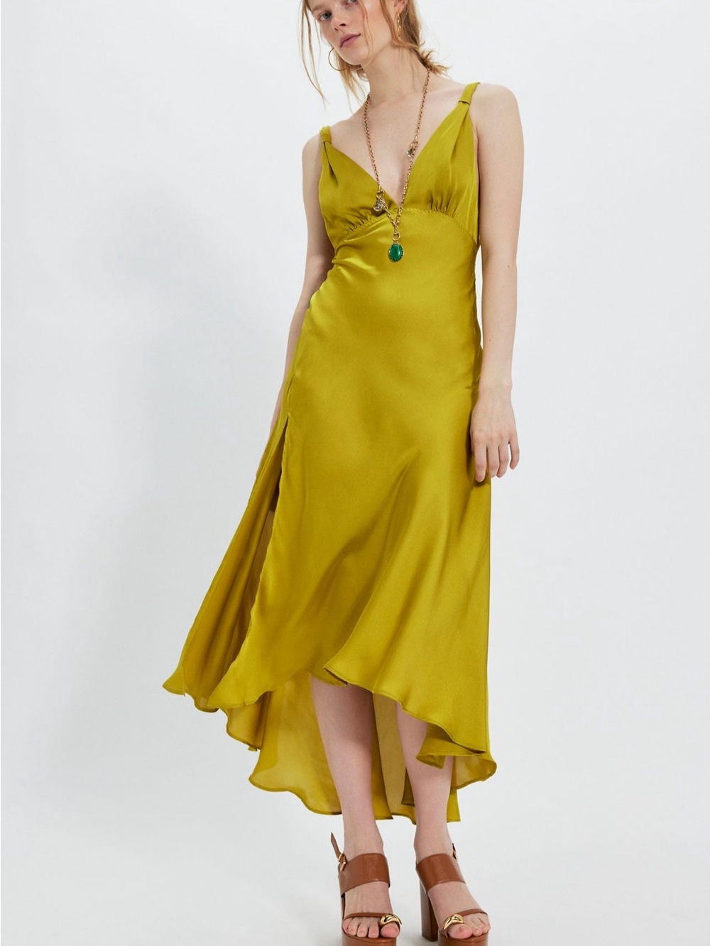 Free People Show Business Satin Midi Slip Dress in Chartreuse Green - Picture 6 of 7